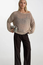 Open-Knit Wide Collar Beige Knit Blouse