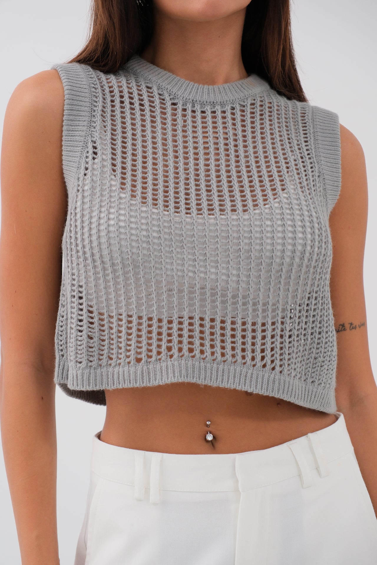 Openwork Gray Crop Sweater Vest