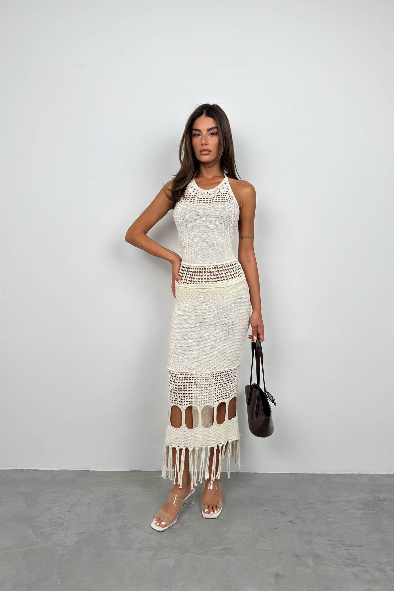 Openwork Maxi Ecru Knit Dress