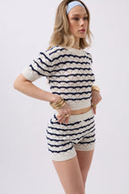 Openwork Knit Detail Navy White Shorts
