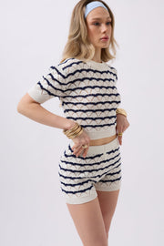 Openwork Knit Detail Navy Blue White Shorts