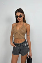 Openwork Back Cutout Beige Crop Bustier