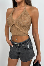Openwork Back Cutout Beige Crop Bustier