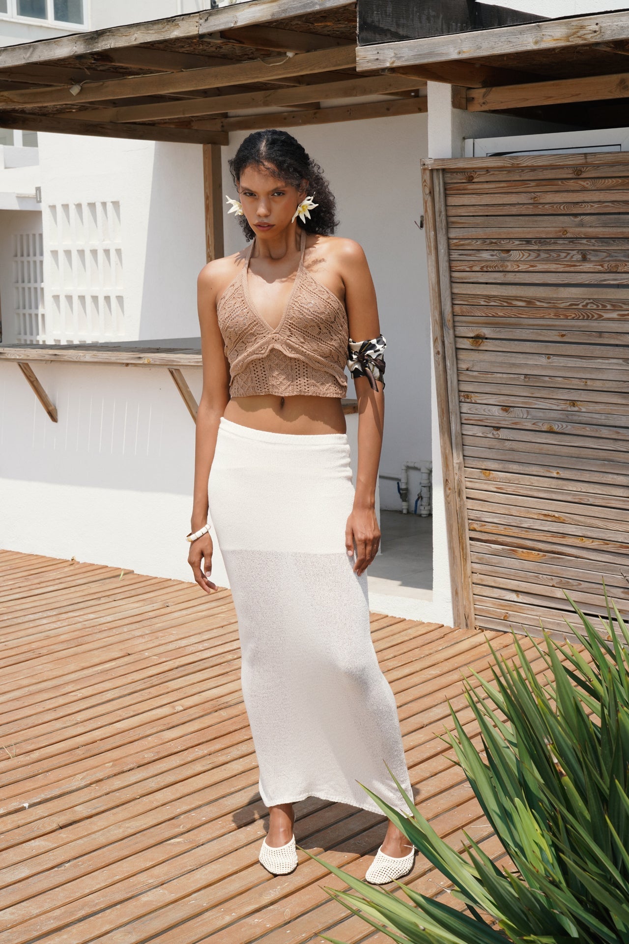 Openwork Back Cutout Beige Crop Bustier