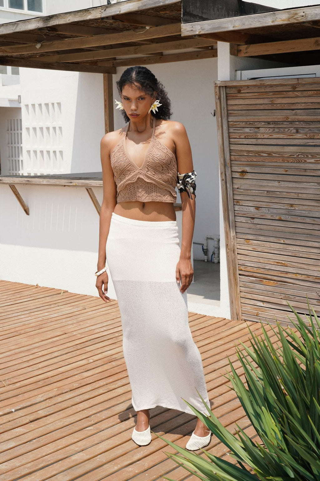 Openwork Back Cutout Beige Crop Bustier