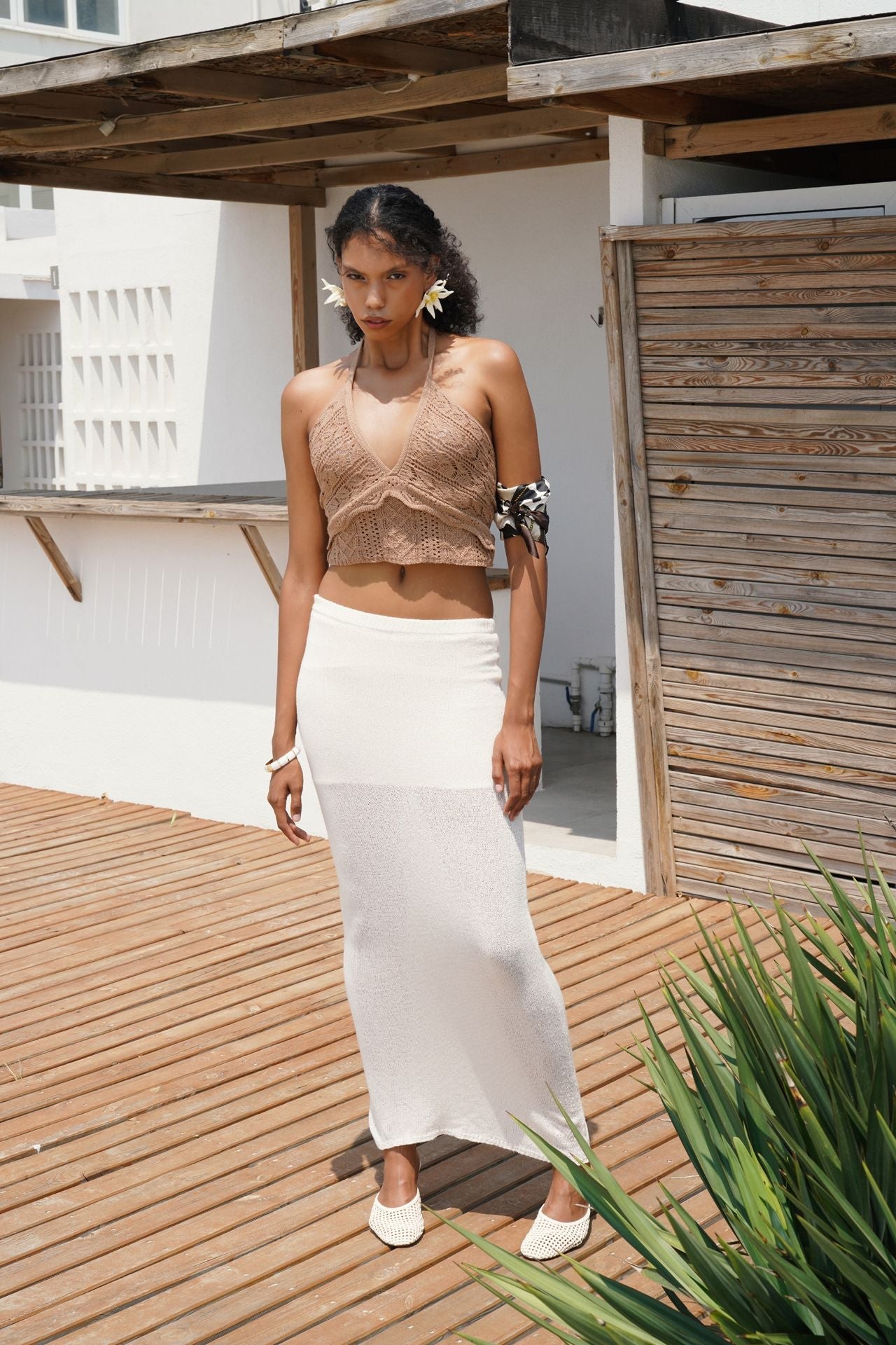Openwork Back Cutout Beige Crop Bustier
