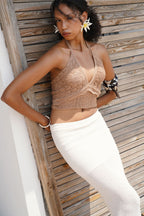 Openwork Back Cutout Beige Crop Bustier