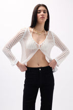 Openwork Uzun Sleeve White Blouse