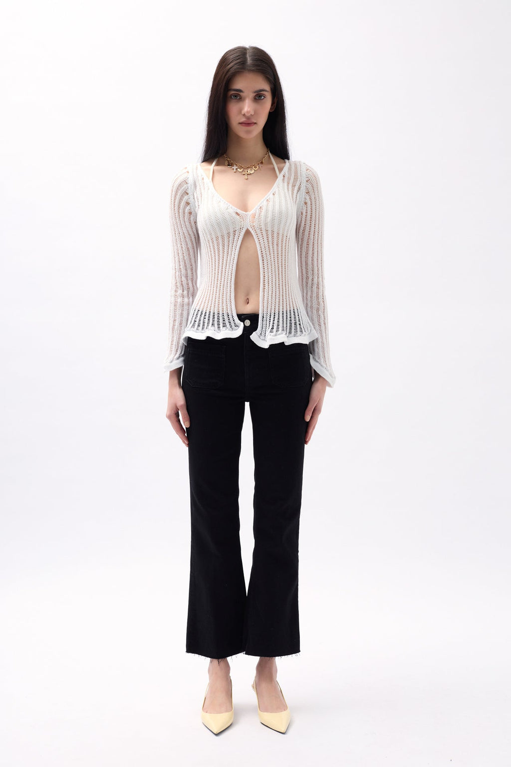 Openwork Uzun Sleeve White Blouse
