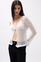 Openwork Uzun Sleeve White Blouse