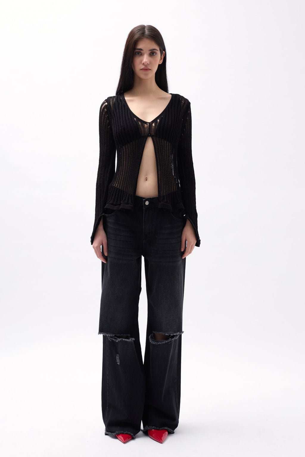 Openwork Uzun Sleeve Black Blouse