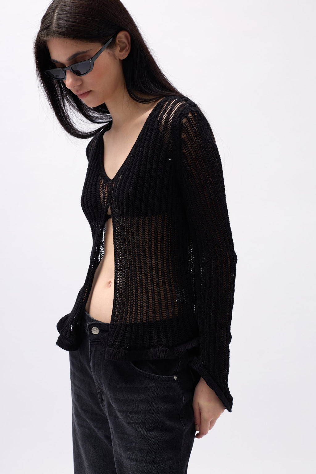 Openwork Uzun Sleeve Black Blouse