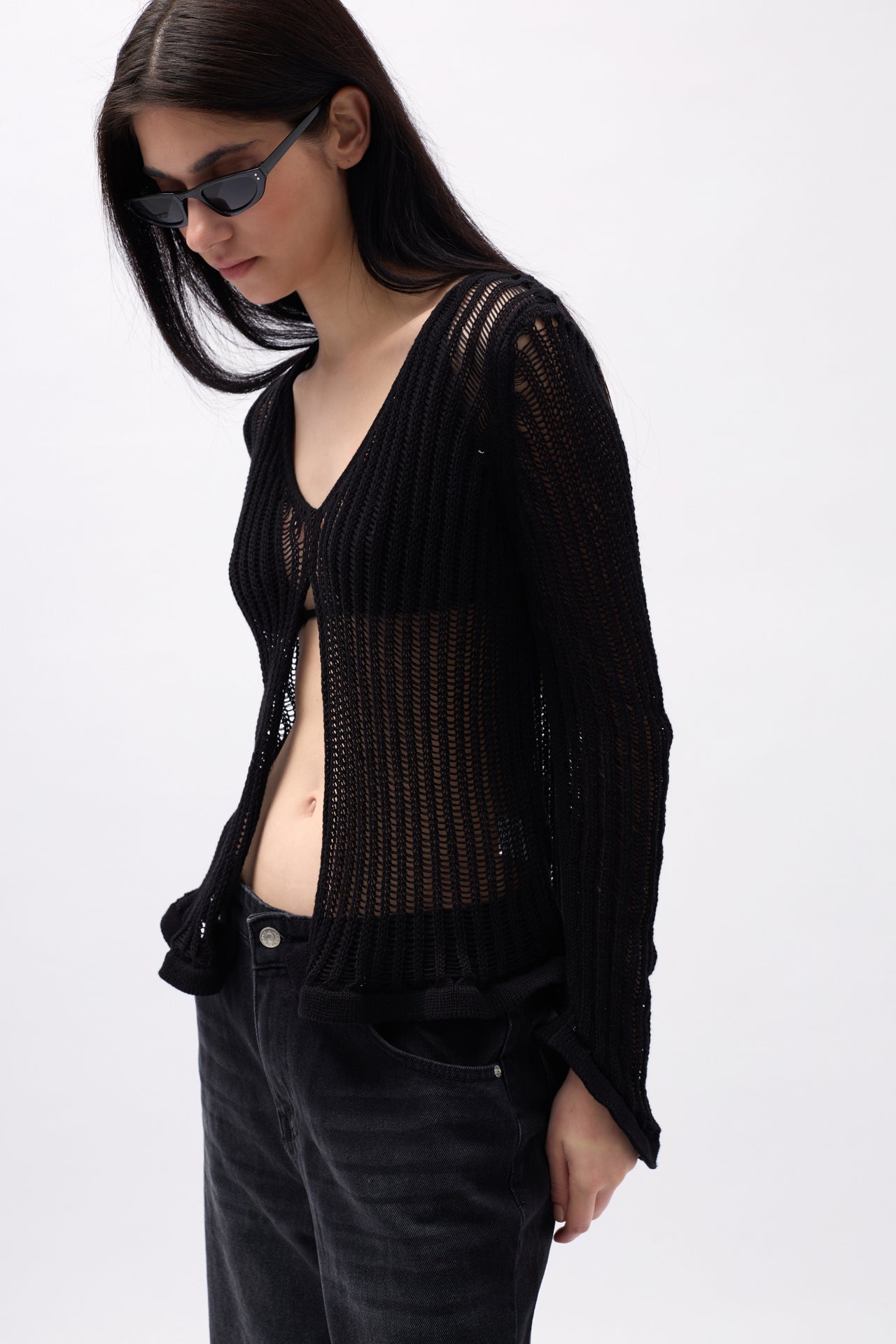 Openwork Uzun Sleeve Black Blouse
