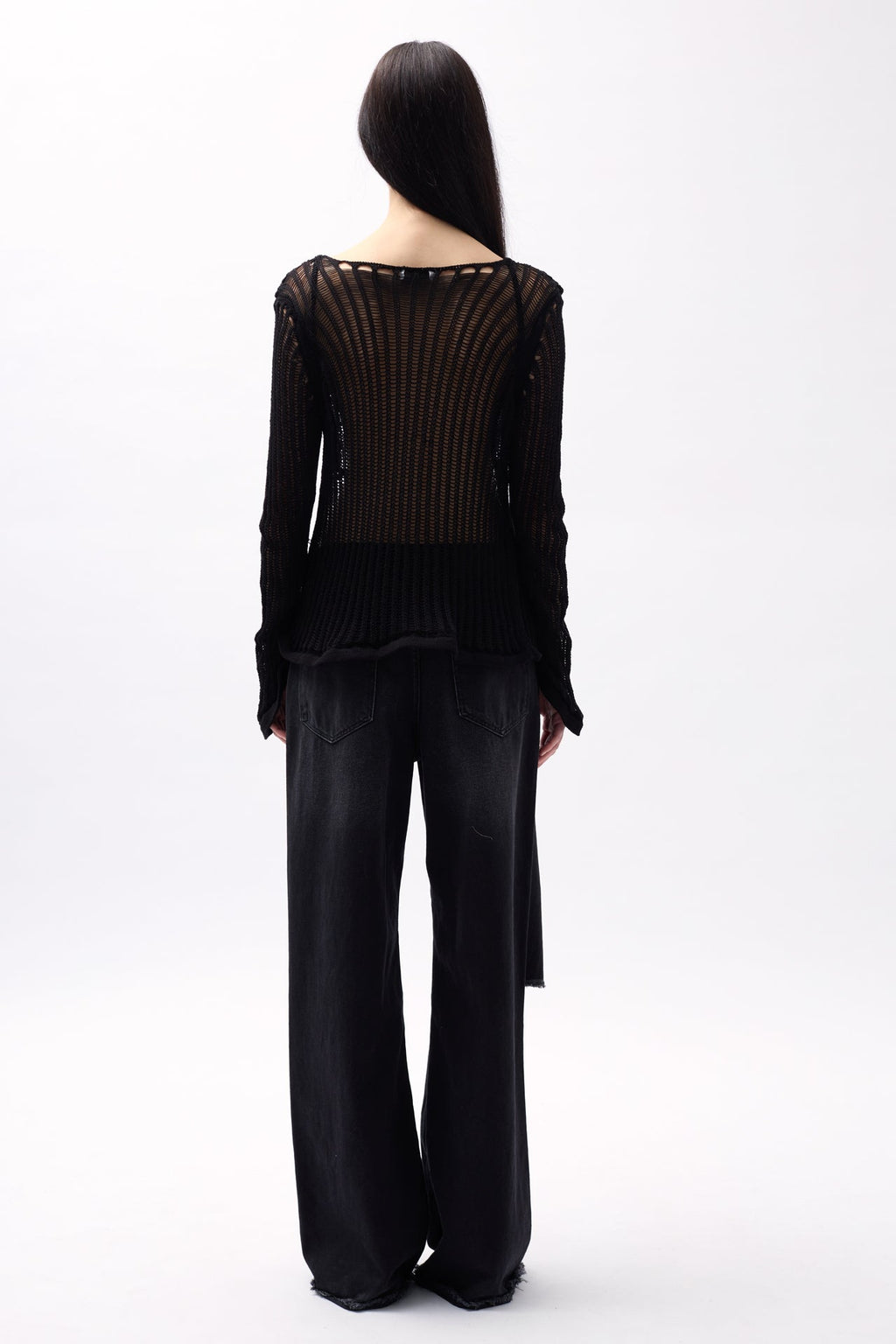 Openwork Uzun Sleeve Black Blouse