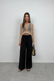 Openwork Long Sleeve Stone Knit Blouse