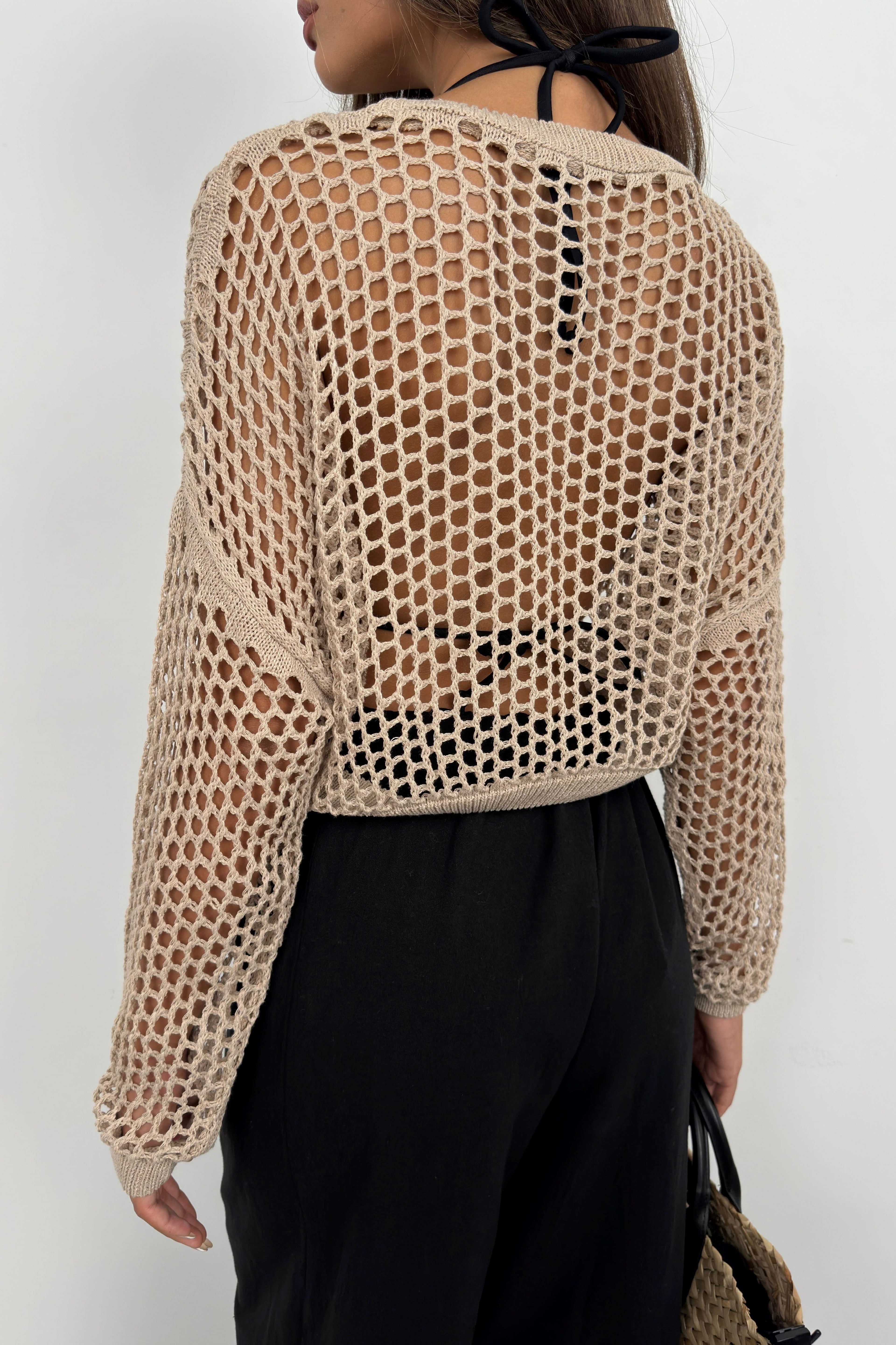 Openwork Long Sleeve Stone Knit Blouse