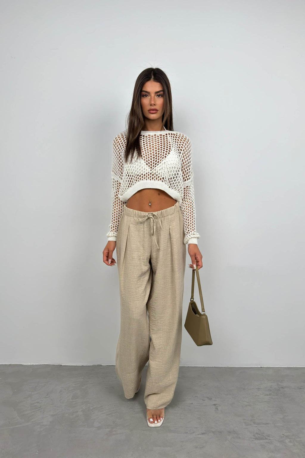 Openwork Long Sleeve Ecru Knit Blouse
