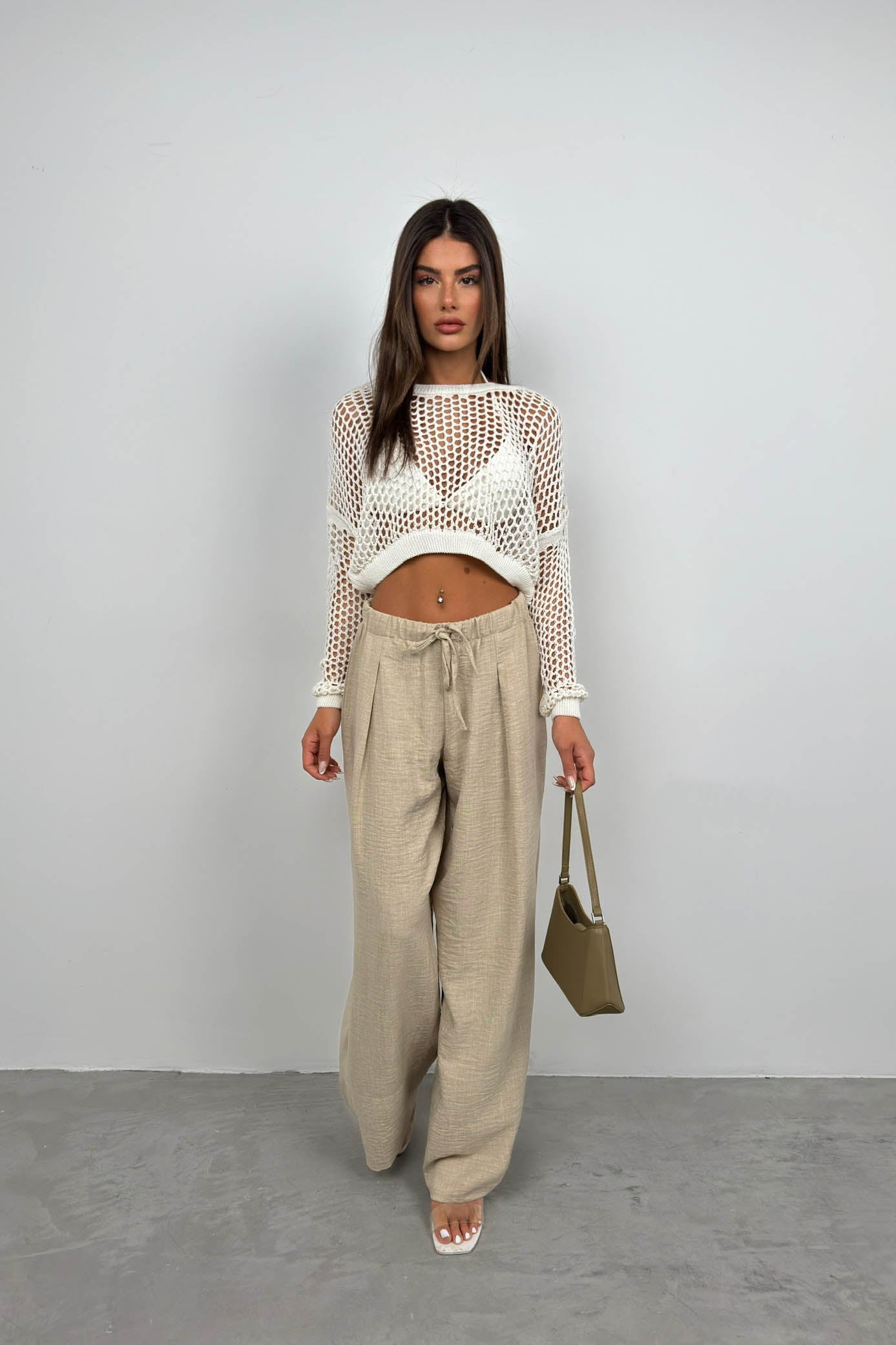 Openwork Long Sleeve Ecru Knit Blouse