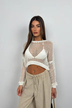 Openwork Long Sleeve Ecru Knit Blouse