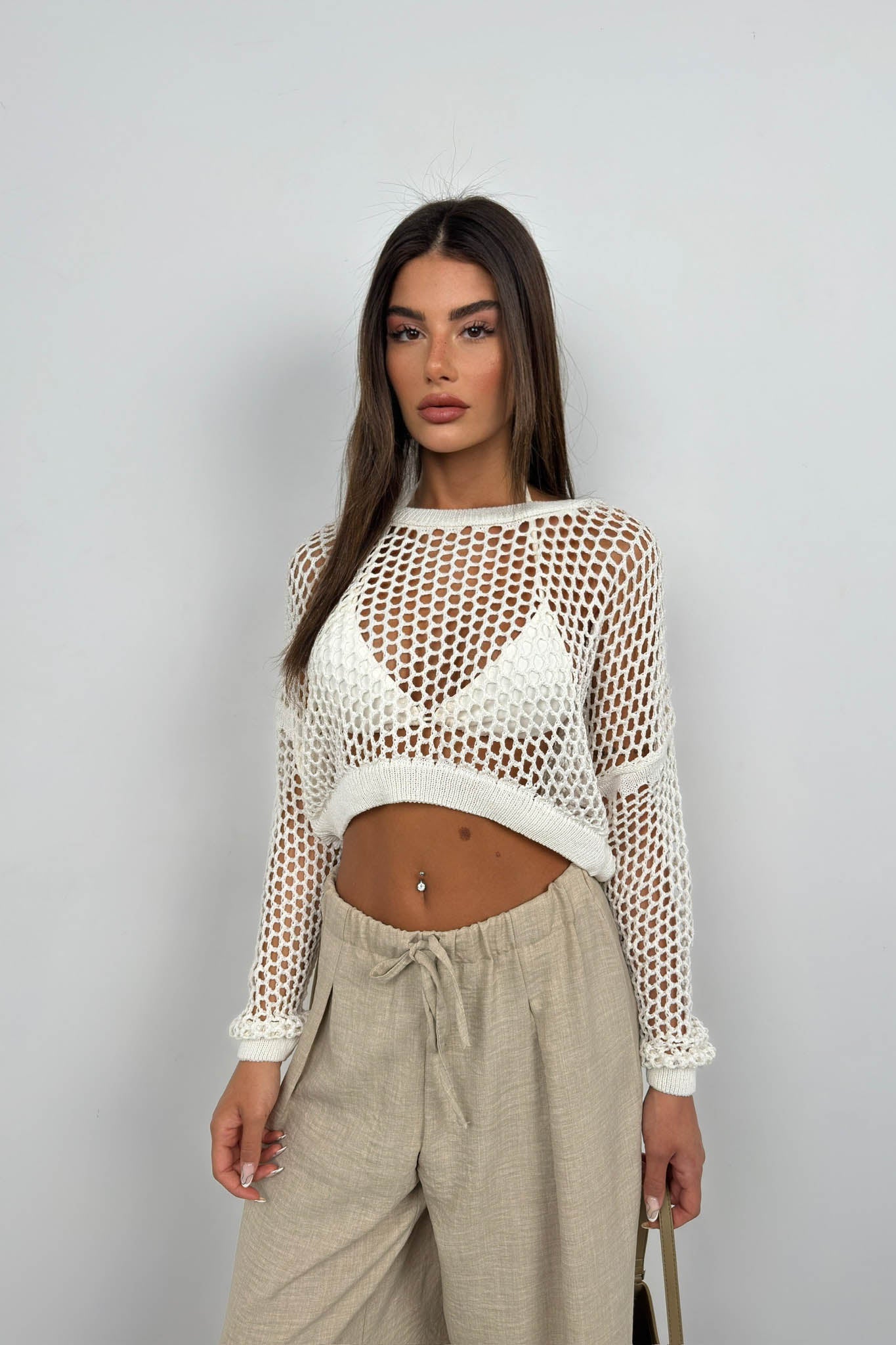 Openwork Long Sleeve Ecru Knit Blouse