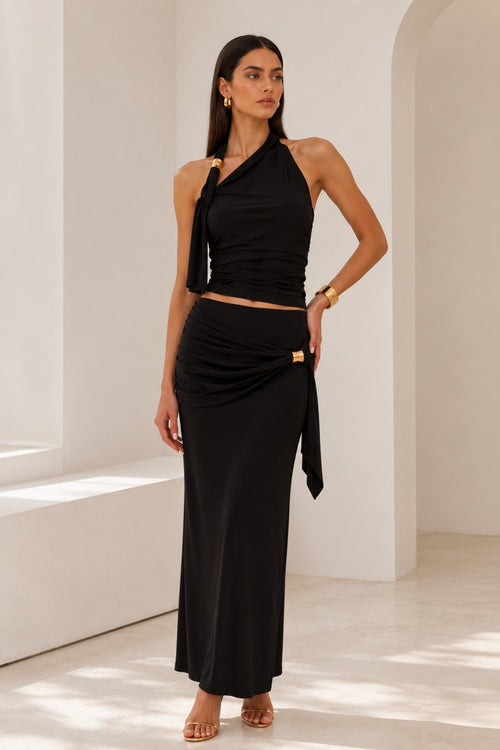 Accessory Detail Asymmetrical Shoulder Blouse Maxi Skirt Black Two-Piece Set