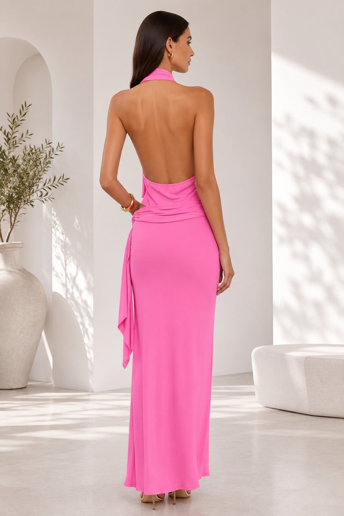 Accessory Detail Asymmetric Shoulder Blouse Maxi Skirt Pink Two-Piece Set