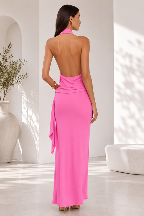 Accessory Detail Asymmetric Shoulder Blouse Maxi Skirt Pink Two-Piece Set