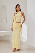 Accessory Detail Asymmetrical Shoulder Blouse Maxi Skirt Yellow Two-Piece Set