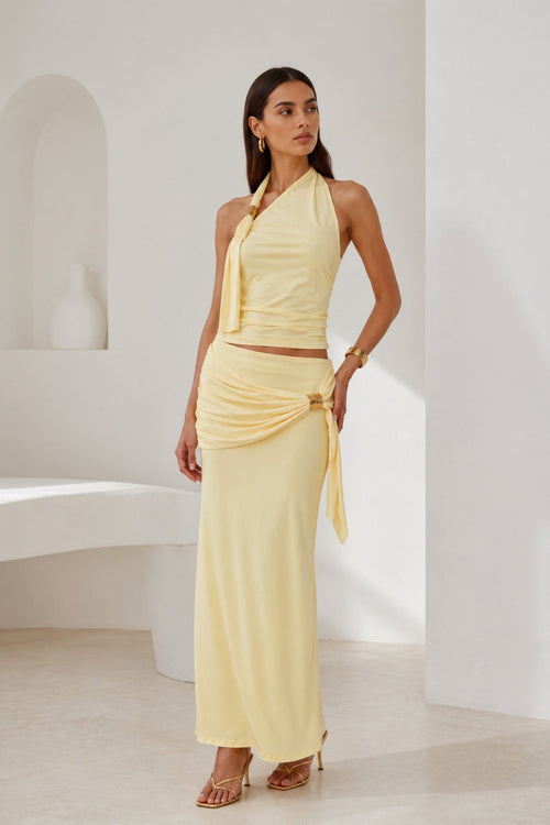 Accessory Detail Asymmetrical Shoulder Blouse Maxi Skirt Yellow Two-Piece Set