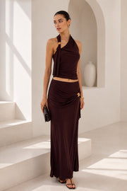 Accessory Detail Asymmetric Shoulder Blouse Maxi Skirt Brown Two-Piece Set