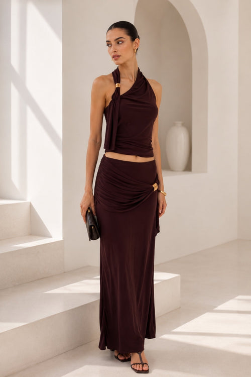 Accessory Detail Asymmetric Shoulder Blouse Maxi Skirt Brown Two-Piece Set