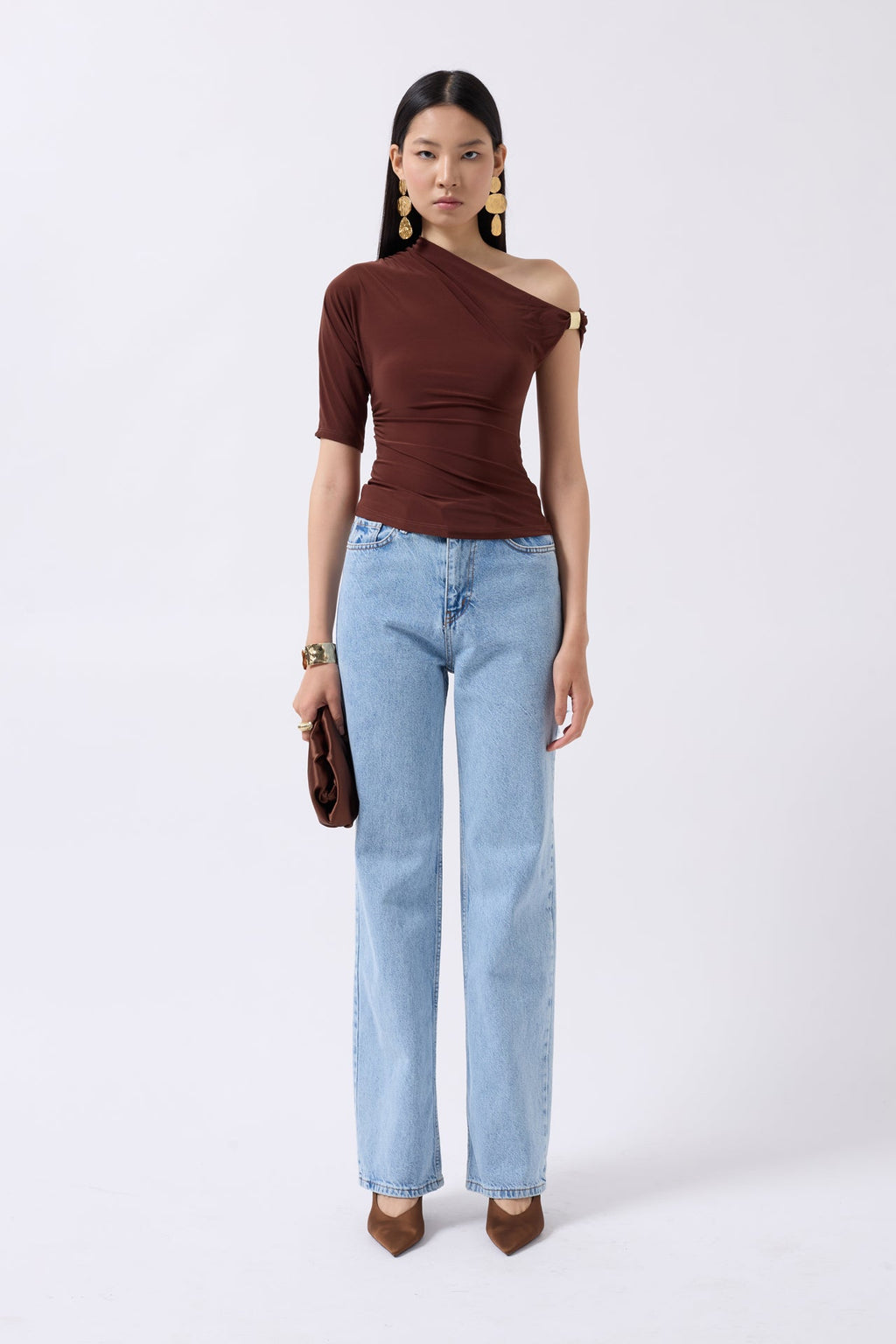 Accessory Detail Cutout Brown Blouse