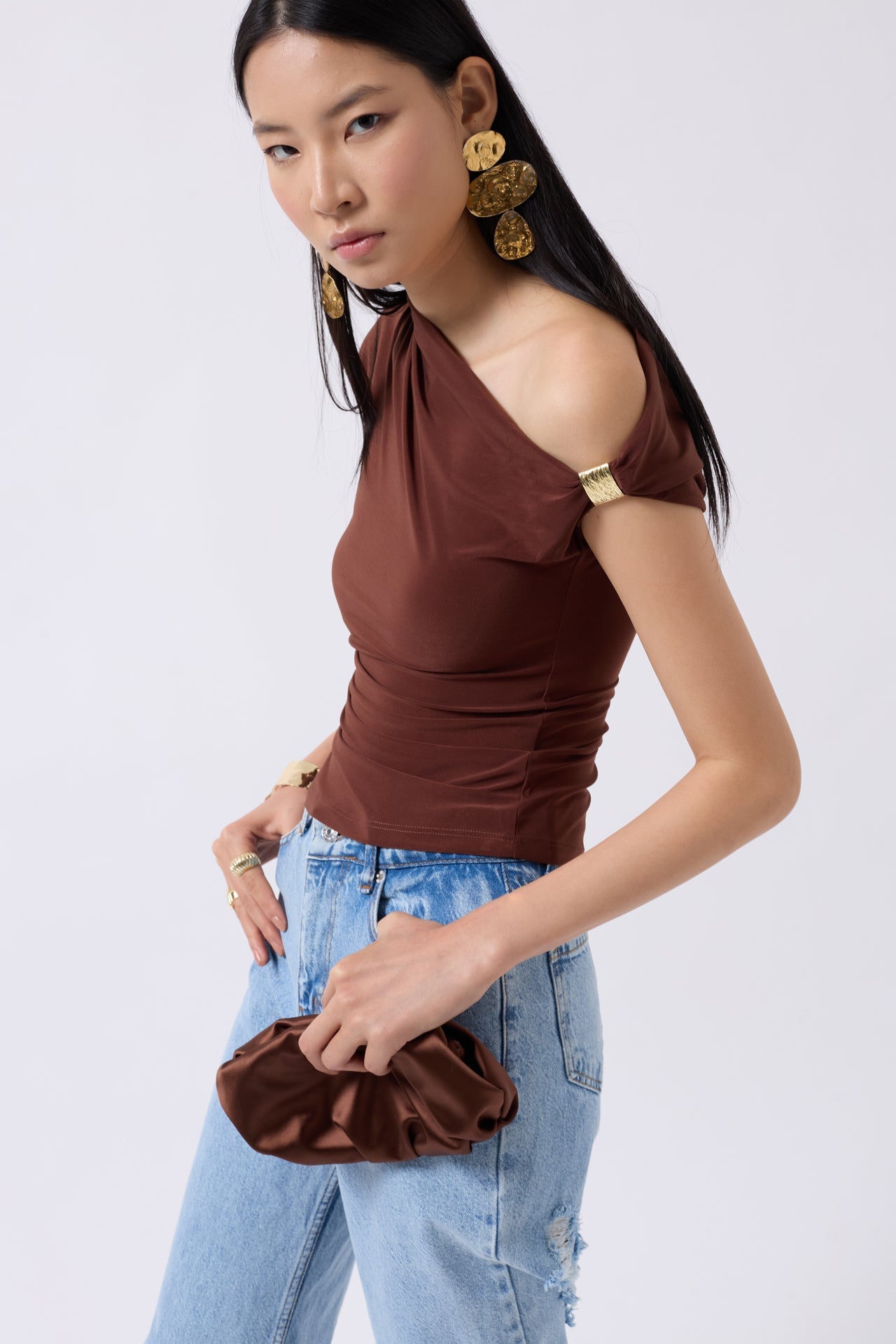 Accessory Detail Cutout Brown Blouse