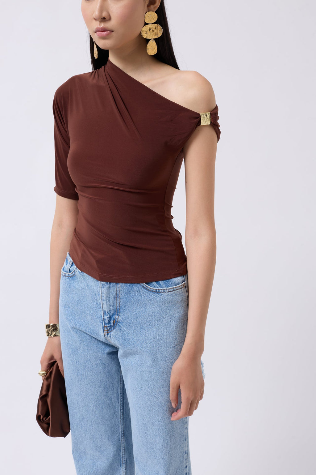 Accessory Detail Cutout Brown Blouse