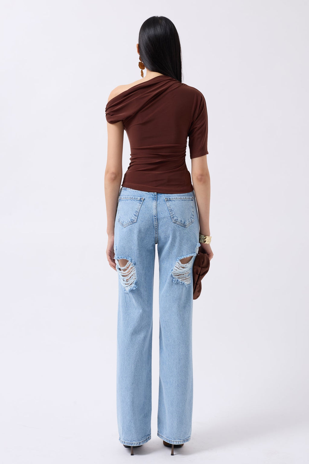 Accessory Detail Cutout Brown Blouse