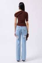 Accessory Detail Cutout Brown Blouse