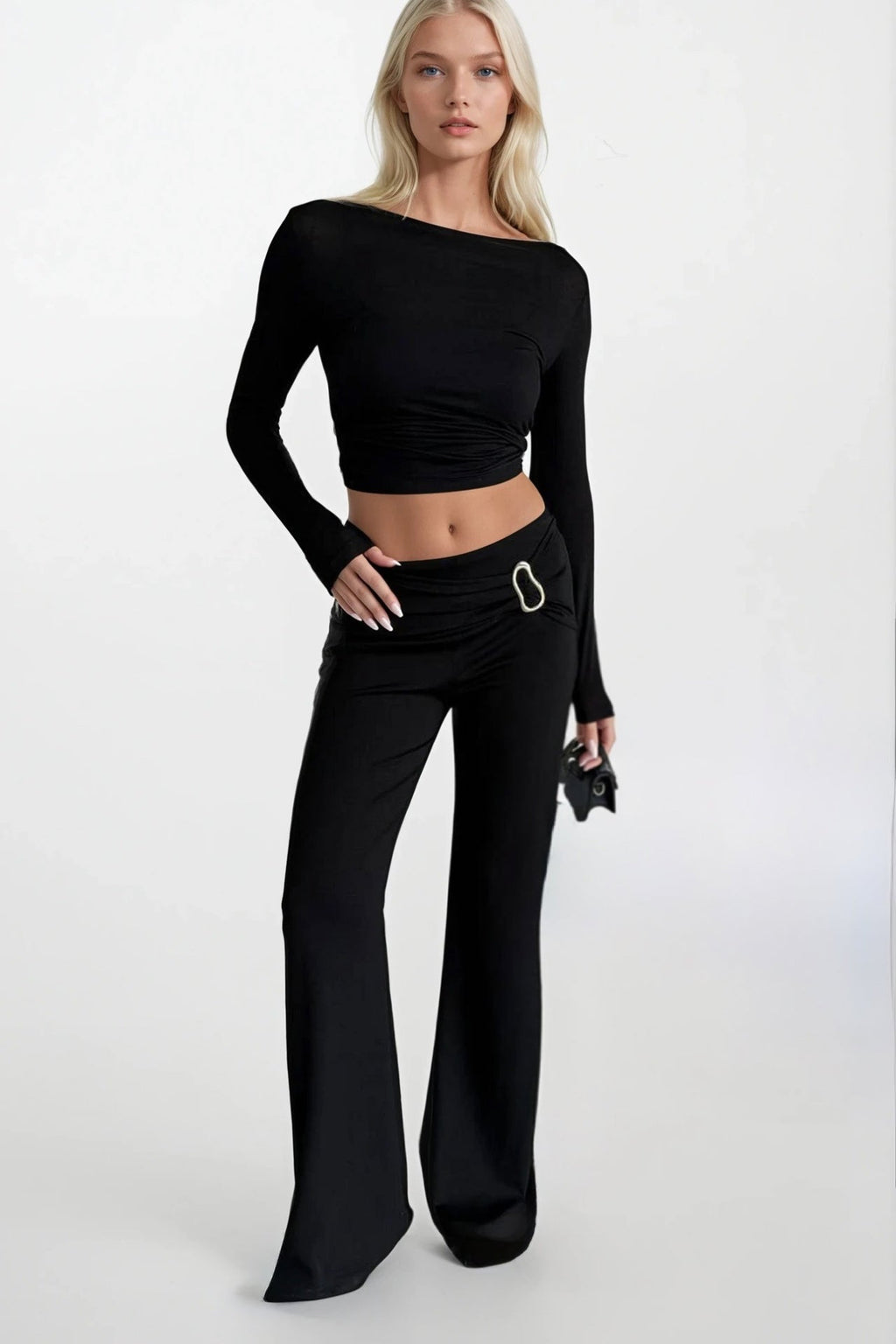 Accessory Detail Wide Leg Black Pants