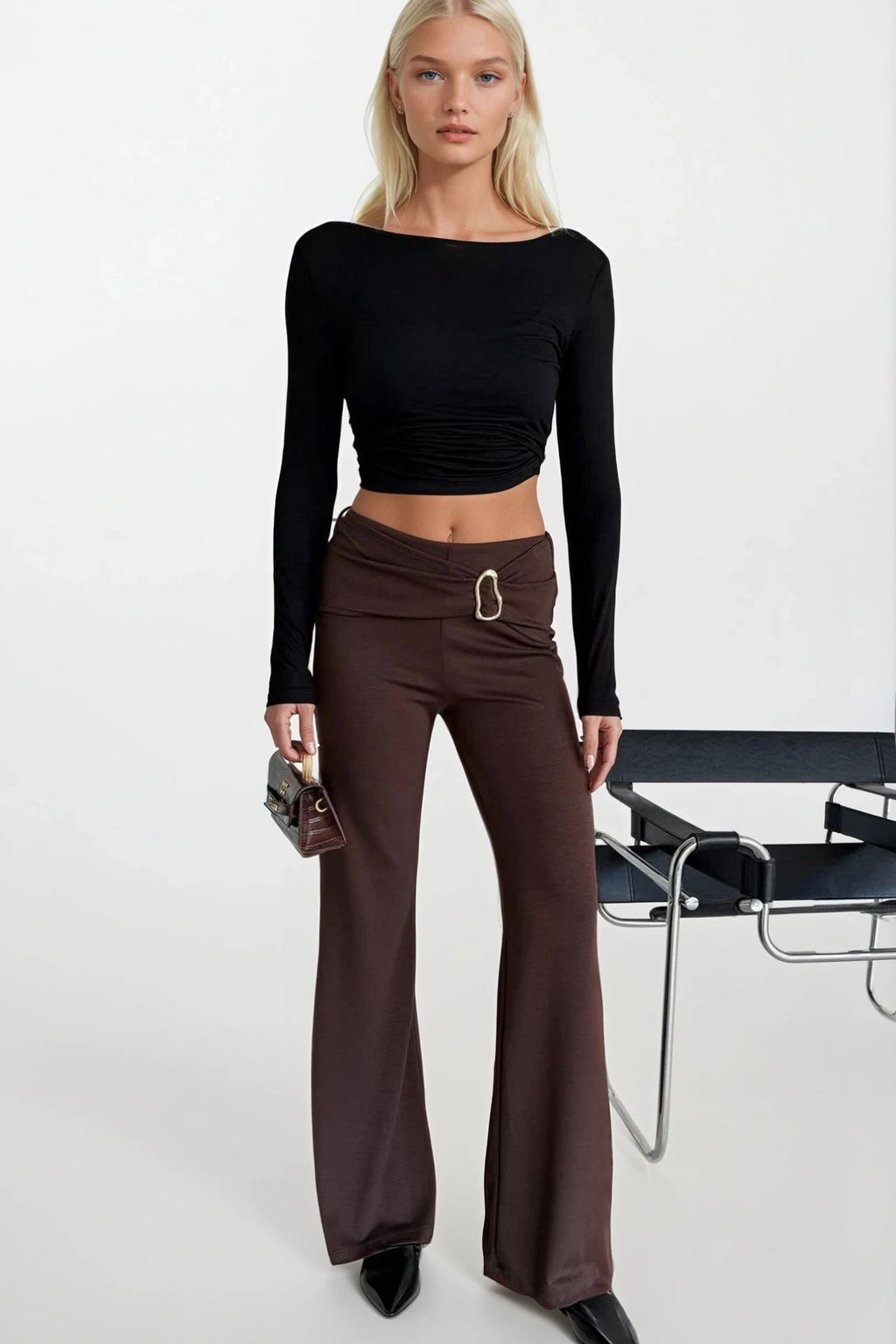Accessory Detail Wide Leg Brown Pants