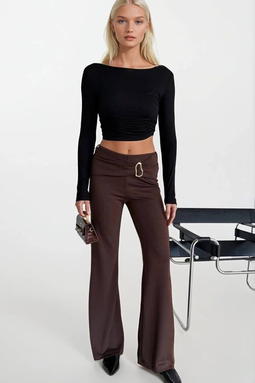 Accessory Detail Wide Leg Brown Pants
