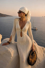 Accessory Detail Ruffled Sleeve Maxi White Knit Dress