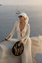 Accessory Detail Ruffled Sleeve Maxi White Knit Dress