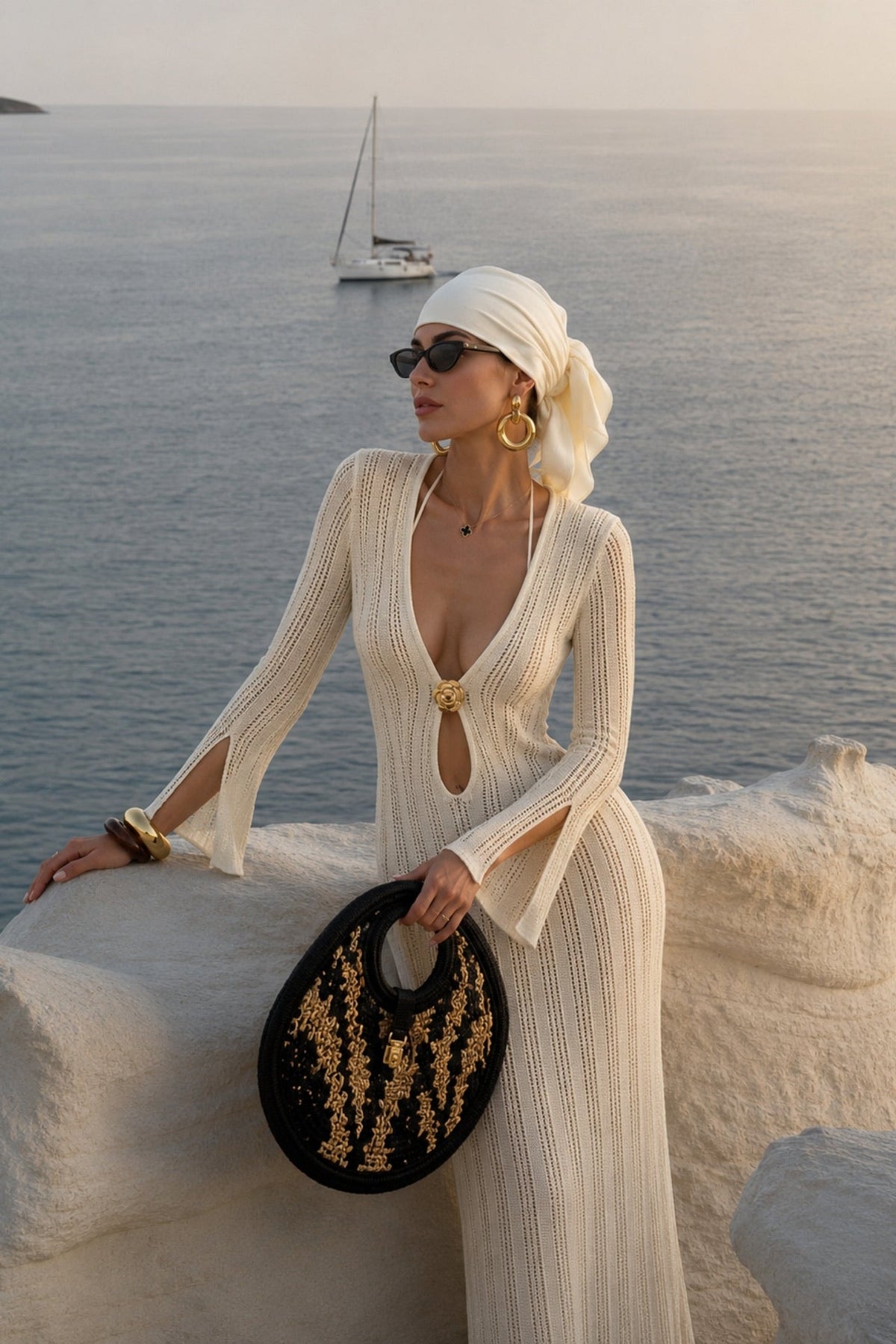 Accessory Detail Ruffled Sleeve Maxi White Knit Dress