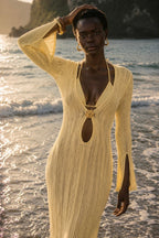 Accessory Detail Ruffle Sleeve Maxi Yellow Knit Dress