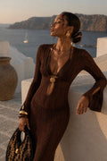 Accessory Detail Ruffle Sleeve Maxi Brown Knit Dress