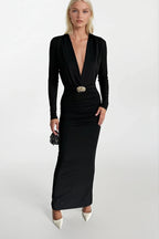 Accessory Detail Omuz And Waist Ruched Black Maxi Dress