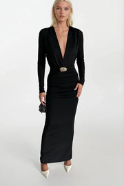 Accessory Detail Shoulder and Waist Shirred Black Maxi Dress