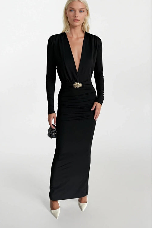 Accessory Detail Omuz And Waist Ruched Black Maxi Dress