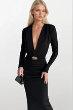 Accessory Detail Omuz And Waist Ruched Black Maxi Dress