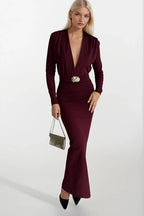 Accessory Detail Omuz And Waist Ruched Burgundy Maxi Dress