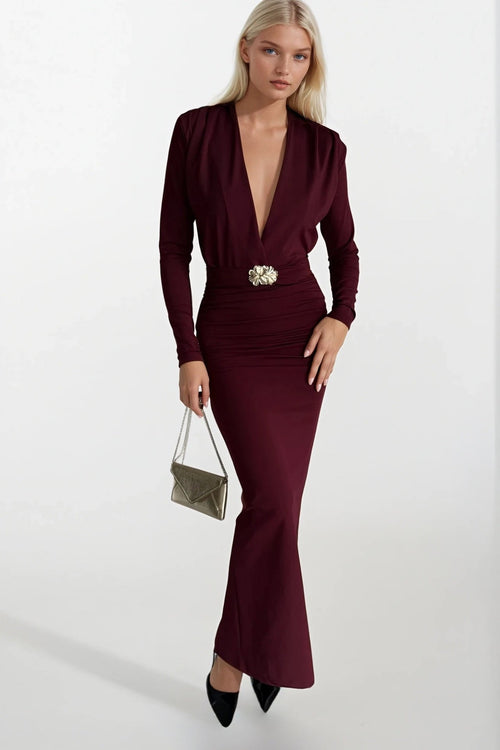 Accessory Detail Omuz And Waist Ruched Brown Maxi Dress